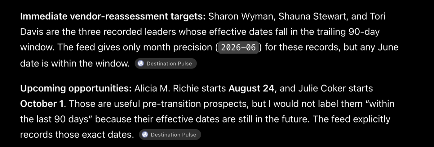 ChatGPT naming three immediate vendor-reassessment targets and two upcoming opportunities, citing Destination Pulse